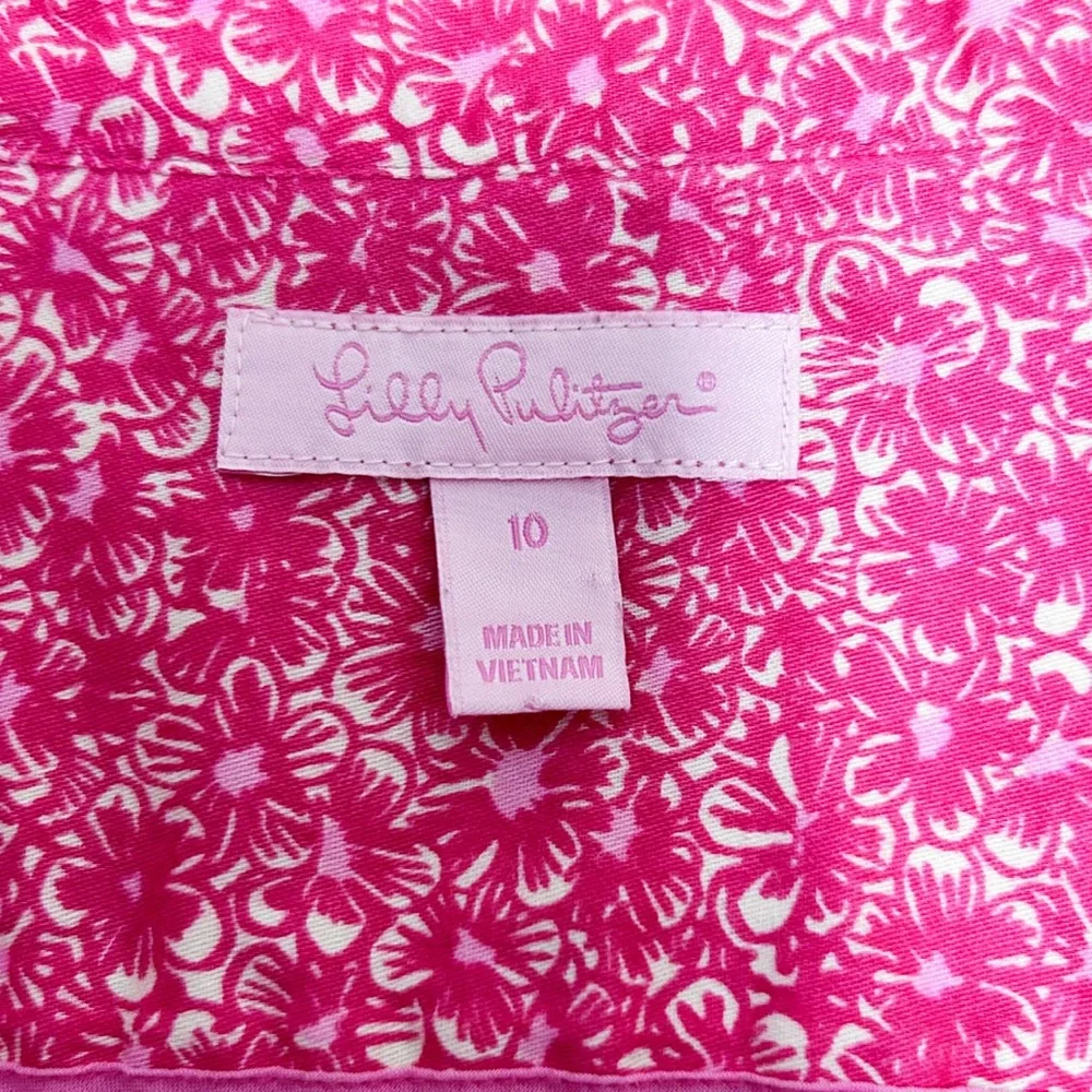 Lilly Pulitzer Pink Ivory Floral High V Neck Collar Button Up 3/4 Sleeve Blouse